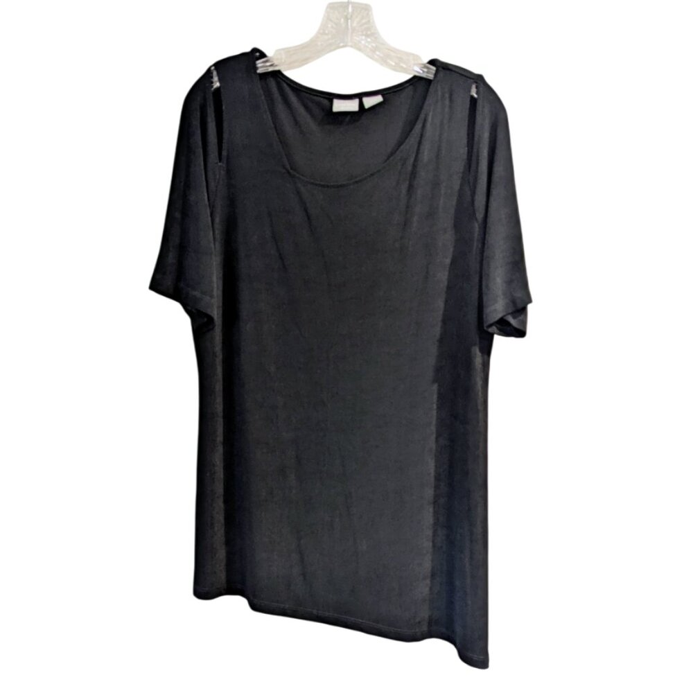 CHICO'S Travelers Cutout Slinky Top 2/L/12/14 Black Short Sleeve Asymmetrical
